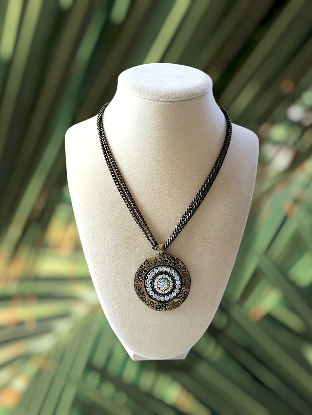 Sade Design | Antique Gold-Tone Crystal Accent Circle Pendant Necklace